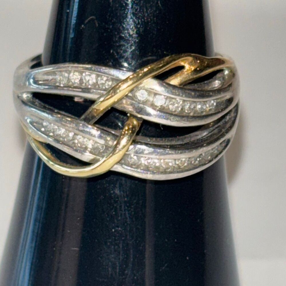 2 tone 14k yellow gold & 925 silver infinity twist knot ring w/diamonds Sz 7 - Picture 2 of 10
